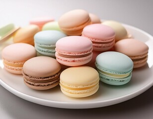 Fototapeta premium A selection of macarons in pastel colors, arranged neatly on a white plate.