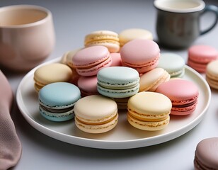 Obraz premium A selection of macarons in pastel colors, arranged neatly on a white plate.