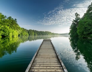 A serene lakeside scene with a wooden dock extending into the calm water, surrounded by lush