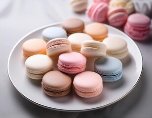 Obraz premium A selection of macarons in pastel colors, arranged neatly on a white plate.