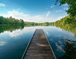 A serene lakeside scene with a wooden dock extending into the calm water, surrounded by lush