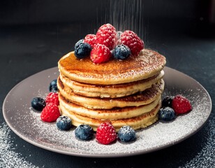 A stack of fluffy pancakes topped with fresh berries, a drizzle of maple syrup, and a dustin