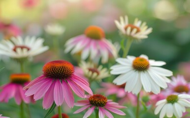 Fototapeta premium Pink and White Coneflowers in a Summer Garden