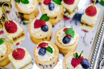 Assorted Berry Desserts on a Tray. Close-up of assorted berry desserts topped with raspberries, blueberries, and mint leaves, arranged neatly on a tray. Horizontal shot.