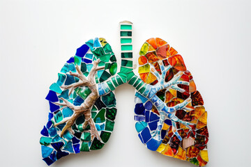 An artistic composition of lungs created with a mosaic of colorful glass tiles, set against a plain white background.