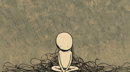 doodle of person sitting on the floor, squiggles surrounding them representing overthinking and brain fog