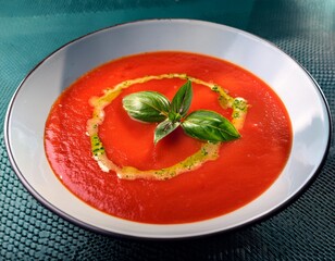 A vibrant bowl of gazpacho, garnished with a drizzle of olive oil and fresh basil leaves.