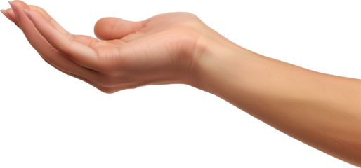 Close up to A woman's hand opening her palm to show something, on a transparent white background.