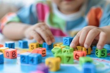Child playing with colorful number blocks