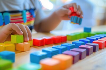 Child playing with colorful alphabet blocks
