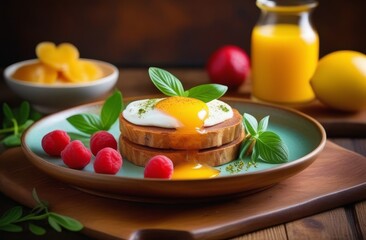 Delicious breakfast with sunny-side-up eggs on toast, basil, and raspberries.