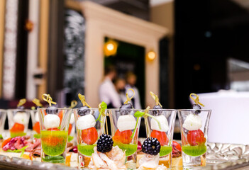 Mozzarella Tomato Skewers and Blackberry Canapes. Mozzarella and tomato skewers in shot glasses. Horizontal photo