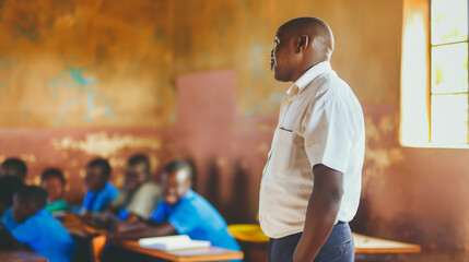 Teacher standing in front of his class. African teacher standing in front of his class. Lessons in the classroom.
Teaching in the classroom. Learning at School