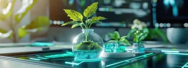 holographic of a futuristic environmental technology of a small plants and ecological data in a environmental research lab 04