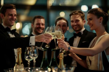 A stylish affair with elegant guests surrounded by luxury, toasting with champagne, exuding exclusivity and festivity. This celebration showcases refined taste and an aura of elegance