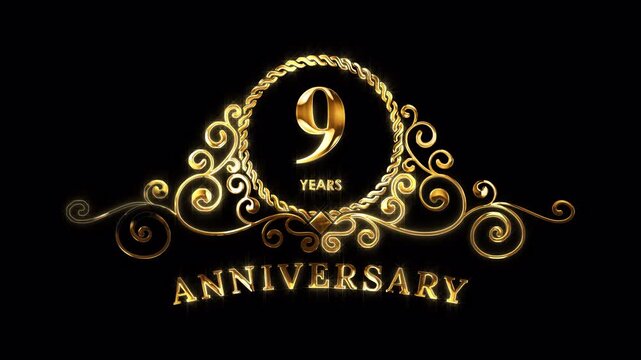 9th Anniversary Celebration. Happy 9 Years Anniversary Animation in Gold Color on the Transparent Background, Alpha Channel. Great for greetings, celebrations, events, and gifts.
