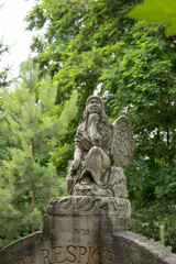 A statue of an angel looking at the sky. It is old and made of stone, the background is green trees