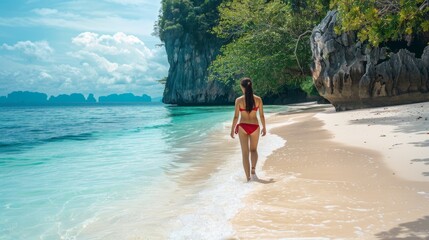 Obraz premium Asian woman in a chic bikini walking through shallow water with islands in the distance