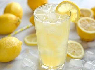Refreshing Cold Lemon Drink With Ice Cubes
