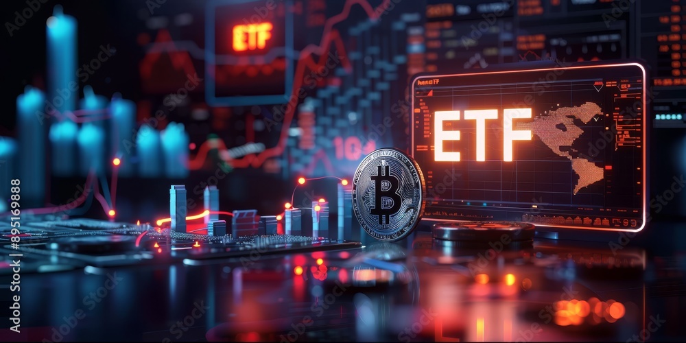 Poster digital visualization of cryptocurrency etfs featuring bitcoin amidst complex market analysis charts