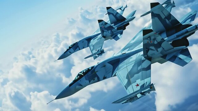 Sukhoi Su-35 Fighter Jets in Formation: Russian Multirole Aircraft Soar Above the Clouds. Military Power, Air Superiority Concept.
