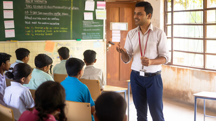 Teacher standing in front of his class. Indian teacher standing in front of his class. Lessons in the classroom.
Teaching in the classroom. Learning at School