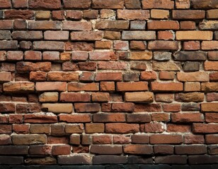 Fototapeta premium Rough, aged brick wall with weathered textures and natural imperfections.