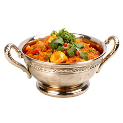 Bowl of shrimps with sauce and parsley on transparent background