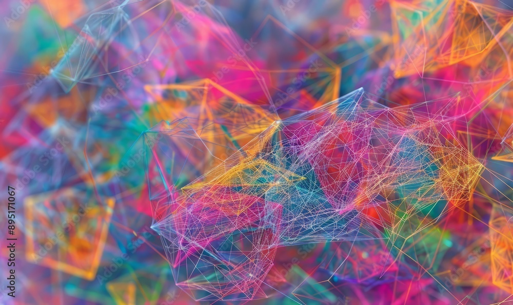 Poster intricate web of multicolored threads forming a mesmerizing geometric design, capturing the beauty o