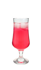 Red drink in glass with ice cubes on top isolated on white background. Cold refreshing juice