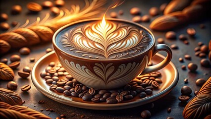 Close-up, cup of coffee with foam, on the table, on the bar counter, beautiful view, professional lighting, for advertising. High Photo Quality