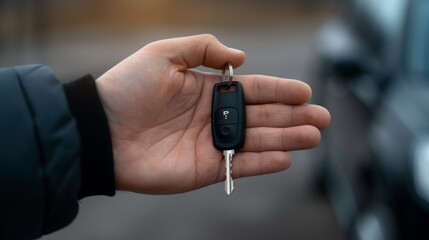 A close-up of a hand holding a car key, symbolizing vehicle ownership and the excitement of driving.