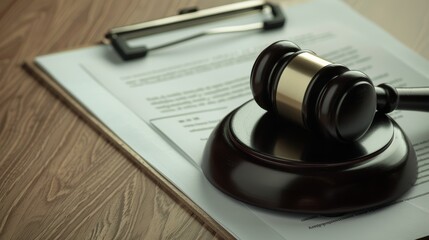 A close-up of a wooden gavel resting on a legal document, symbolizing justice and the legal profession.