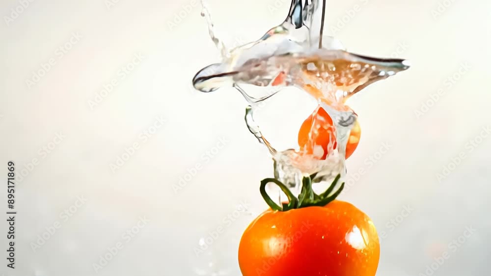 Poster red tomatoes fall into the water, creating a splash and splash on a light background.