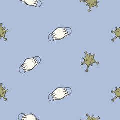 Simple vector seamless pattern with icons of mask, virus, bacteria. Repeating background with symbols of medicine, health care.