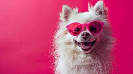 White spitz dog wearing pink glasses on bright fuchsia background