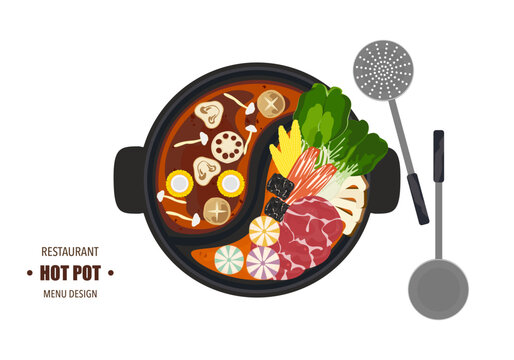 Vector set of Shabu food, Hot Pot, various spices. Tom Yum soup and vegetables cooked in a hot pot With kitchen utensils. Top view. Isolated on white background. For elements in designing food menus