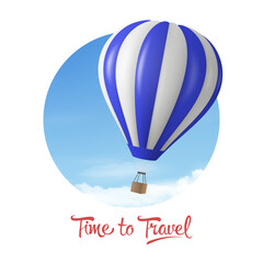 Fototapeta premium Time to Travel. Vector Banner with 3d Realistic Hot Air Balloon Icon on a Blue Sky Background, Isolated on White. Design Template for Branding. Summer Vacation, Travelling, Tourism and Journey Concept