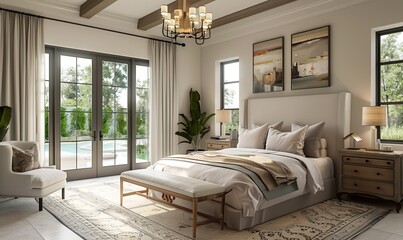 Serene master bedroom with calming colors and elegant furnishings