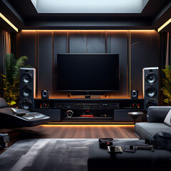 Fototapeta premium studio home theatre system luxury dark grey black speakers subwoofers