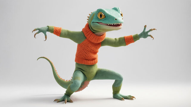 A cartoon bright lizard is dancing on a light background.
