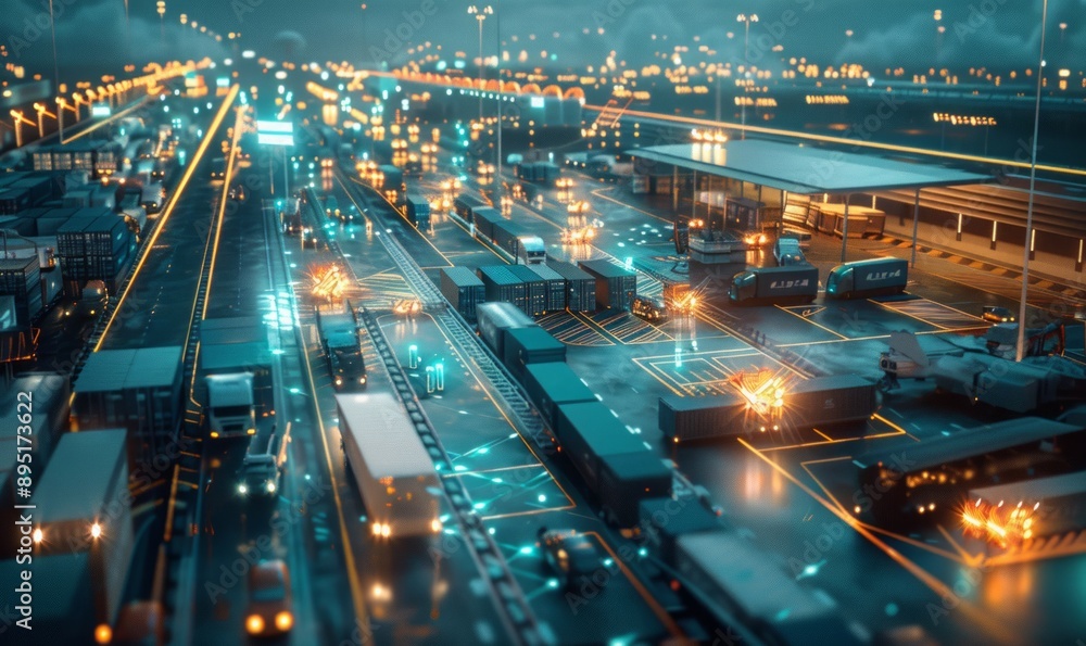 Poster smart logistics hub with automated systems, streamlining supply chain operations for efficiency and 