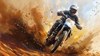 Illustration of Biker racing on a dirt track, dust flying, intense focus, off-road race