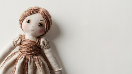 Handmade fabric doll on a light background.