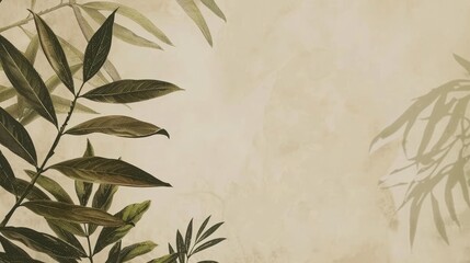 Naklejka premium Vintage Botanical Background, Lush Green Foliage Border, Nature Design On Textured Backdrop