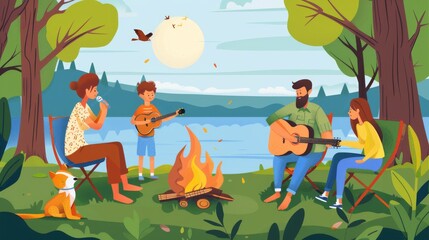 Fototapeta premium Illustration of Family enjoying a campfire under a canopy of trees