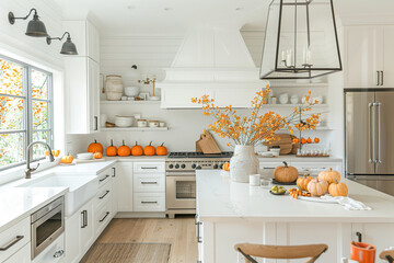 A kitchen with a white counter and a vase of orange flowers on it.