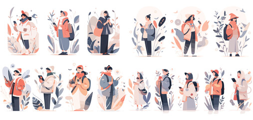 Obraz premium Simple and Colorful Depiction of People Traveling in Different Seasons 