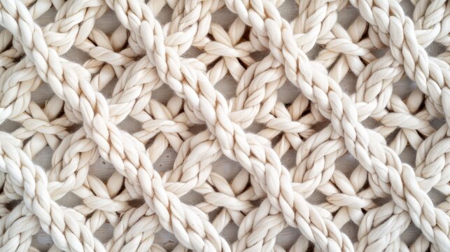 Handmade macrame texture pattern close-up. Eco-friendly modern knitting DIY natural decoration concept. Flat lay.