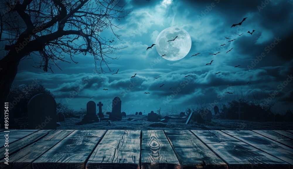 Poster a wooden table with an empty background, set against the backdrop of a night sky with a full moon an